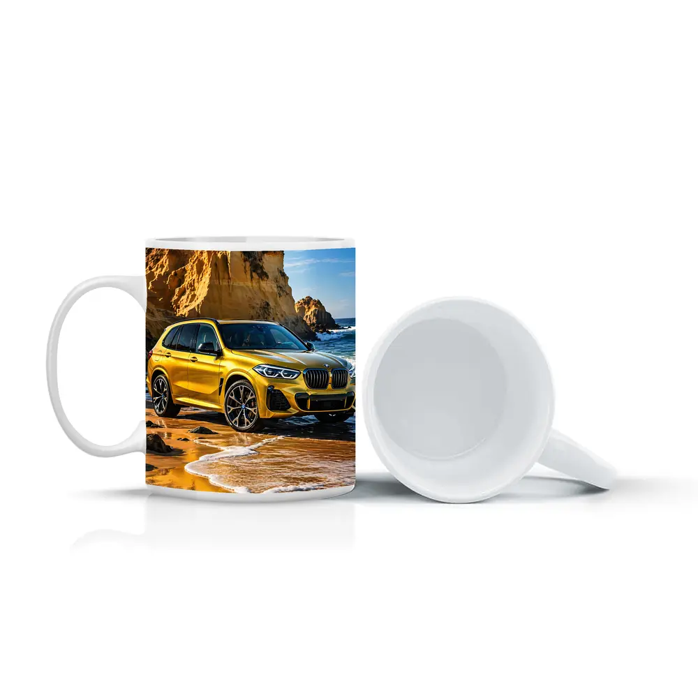 BMW X5 Yellow Coastal Cliffs Beach Scene – Mugs