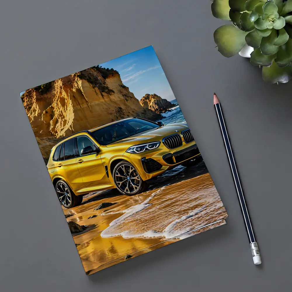 BMW X5 Yellow Coastal Cliffs Beach Scene – Notebooks
