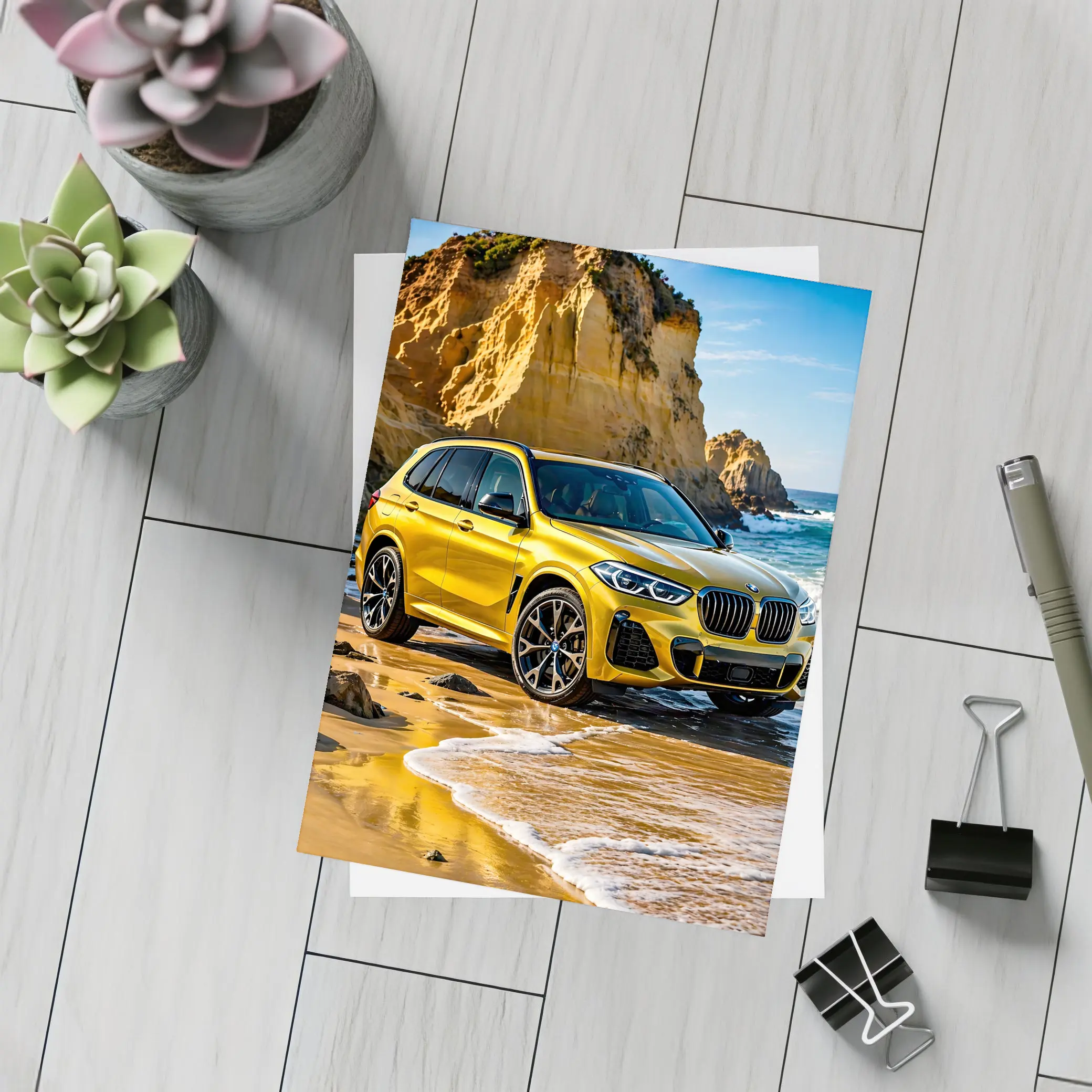 BMW X5 Yellow Coastal Cliffs Beach Scene – Postcards