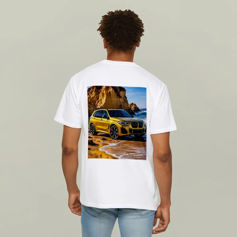 BMW X5 Yellow Coastal Cliffs Beach Scene – T-Shirts