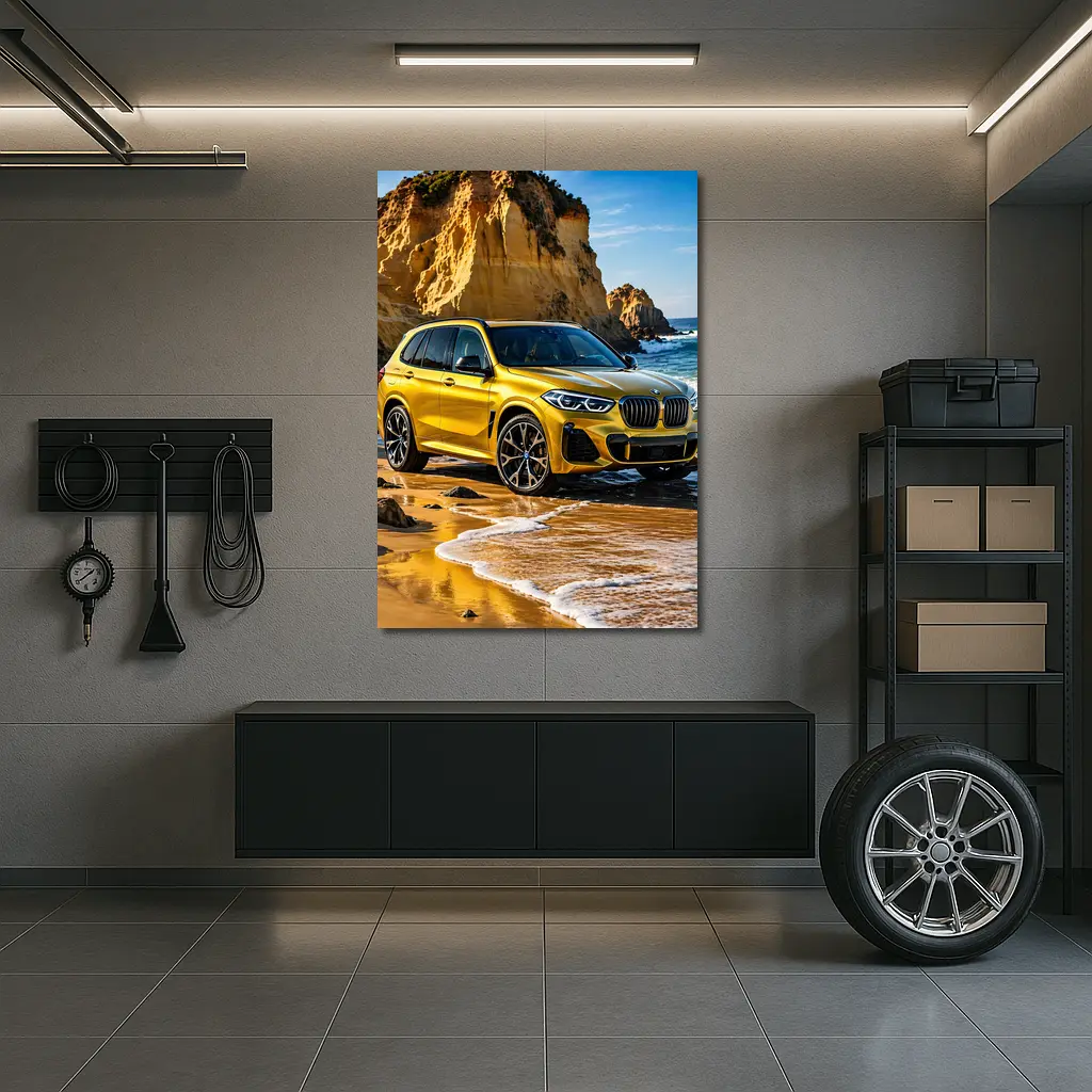 BMW X5 Yellow Coastal Cliffs Beach Scene – Wall Art