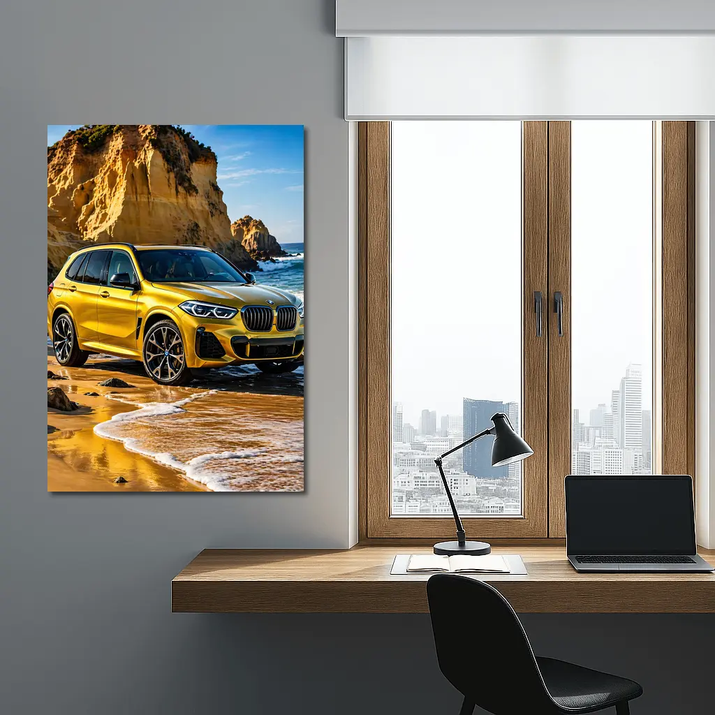 BMW X5 Yellow Coastal Cliffs Beach Scene – Wall Art