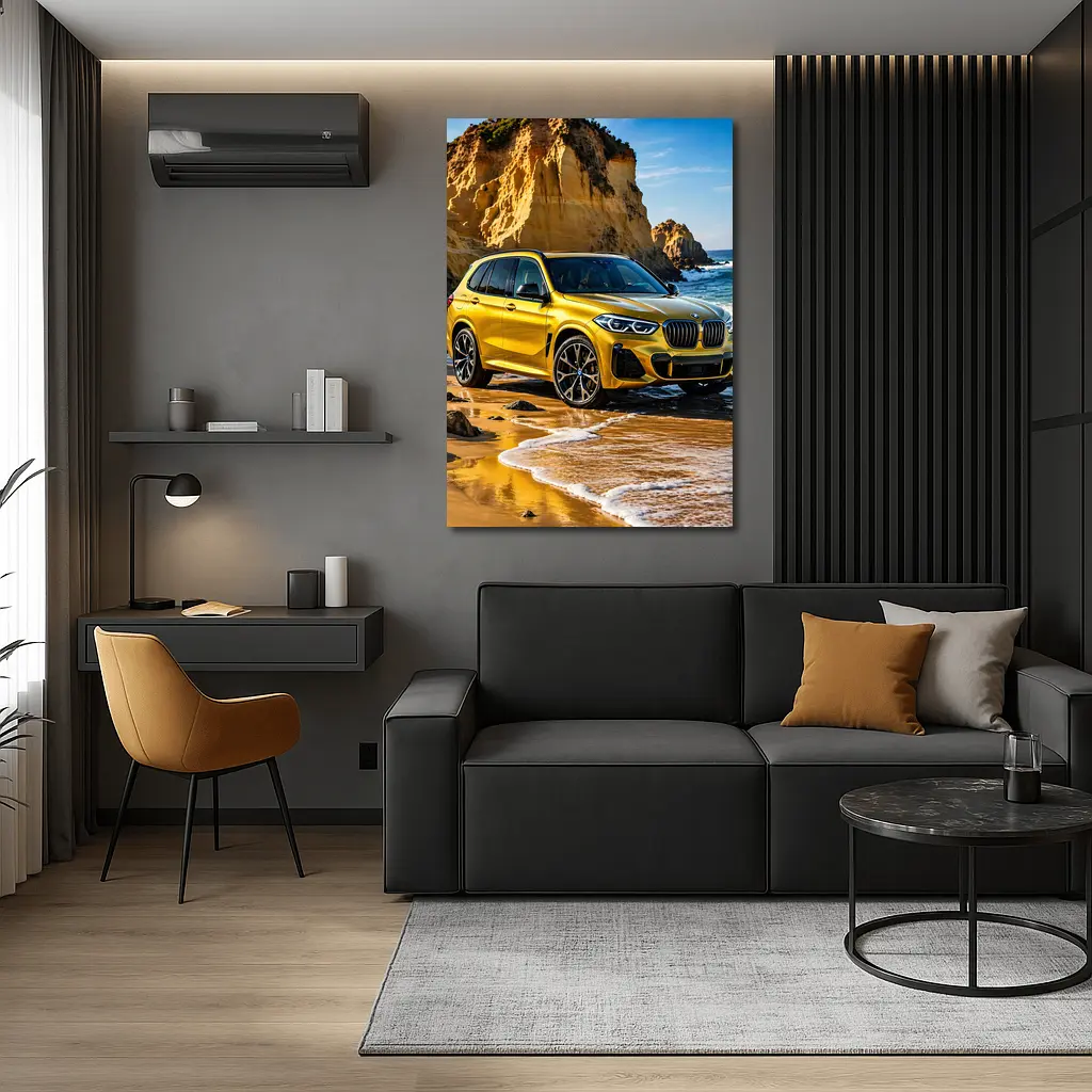 BMW X5 Yellow Coastal Cliffs Beach Scene – Wall Art