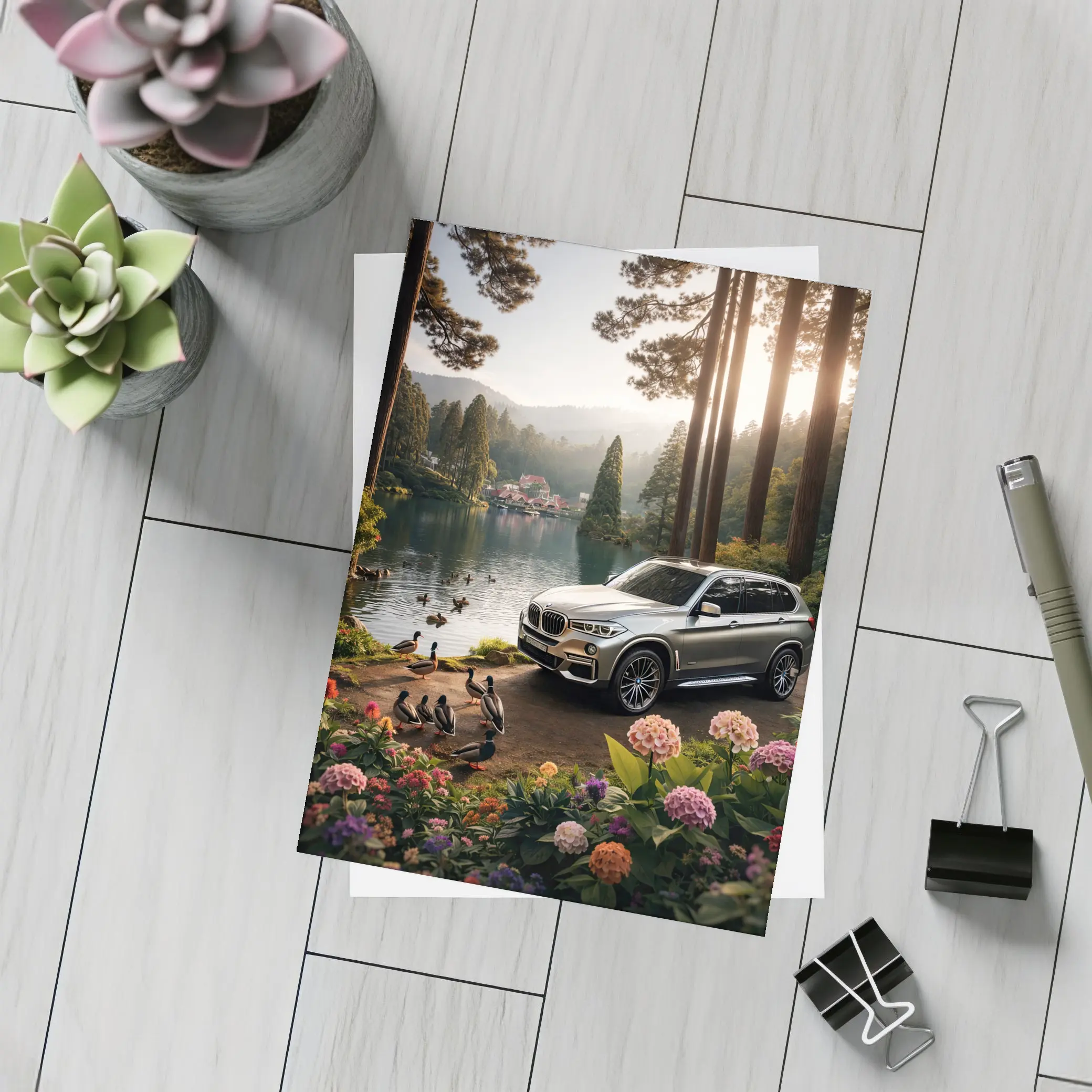 BMW X5 Parked By Serene Forest Lake – Postcards