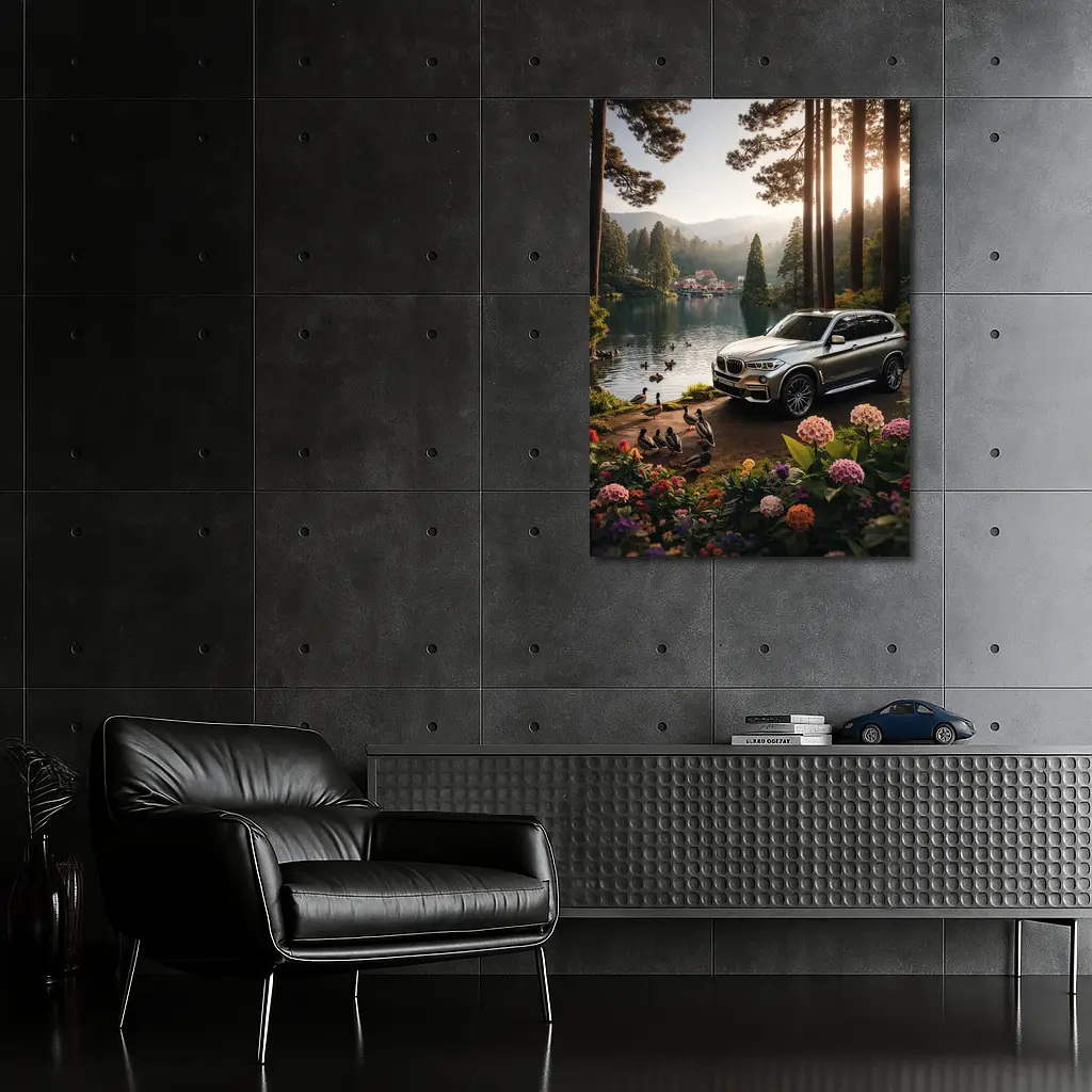 BMW X5 Parked By Serene Forest Lake – Wall Art