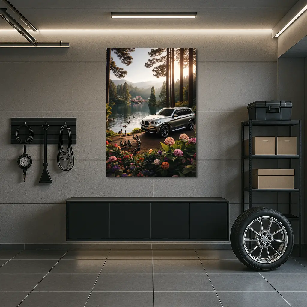 BMW X5 Parked By Serene Forest Lake – Wall Art