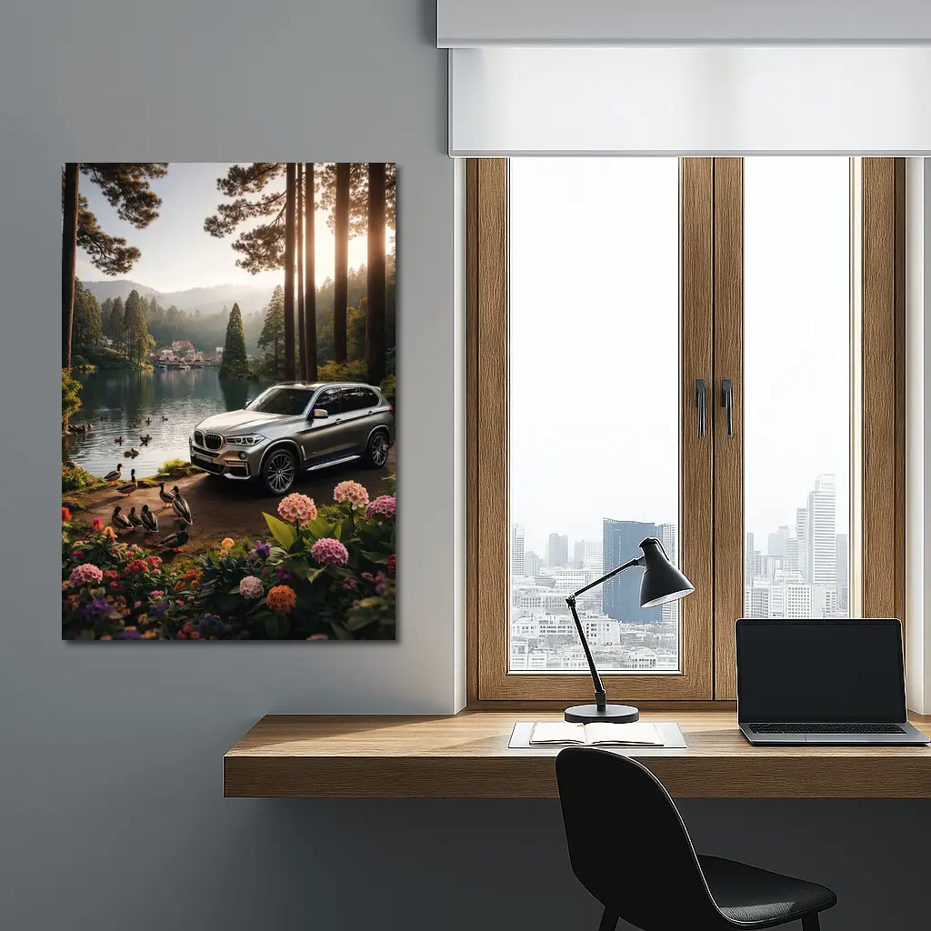 BMW X5 Parked By Serene Forest Lake – Wall Art