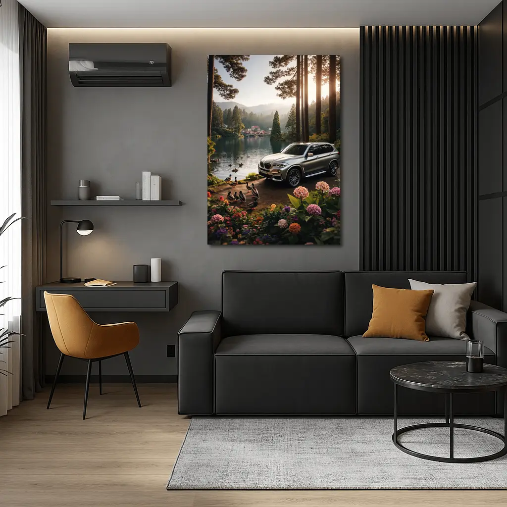 BMW X5 Parked By Serene Forest Lake – Wall Art