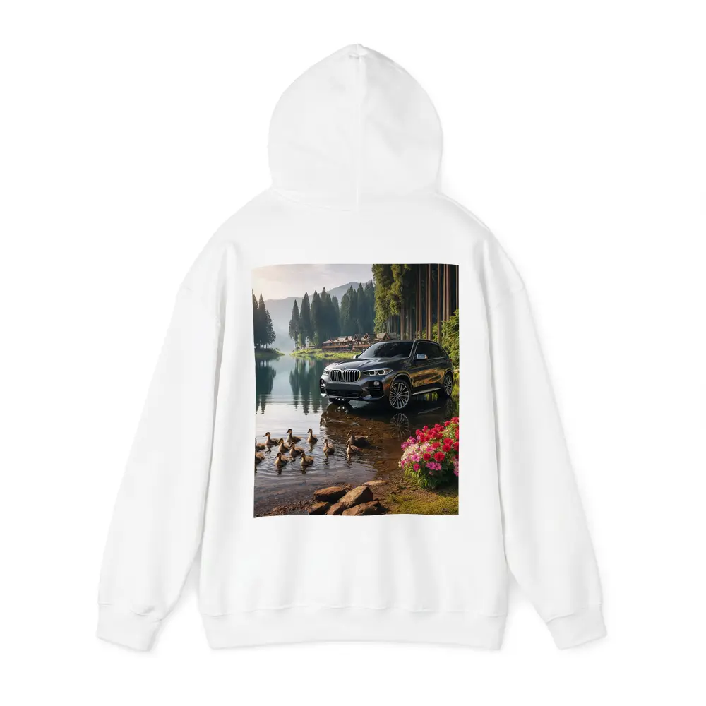 BMW X5 Parked Beside Serene Forest Lake – Hoodies