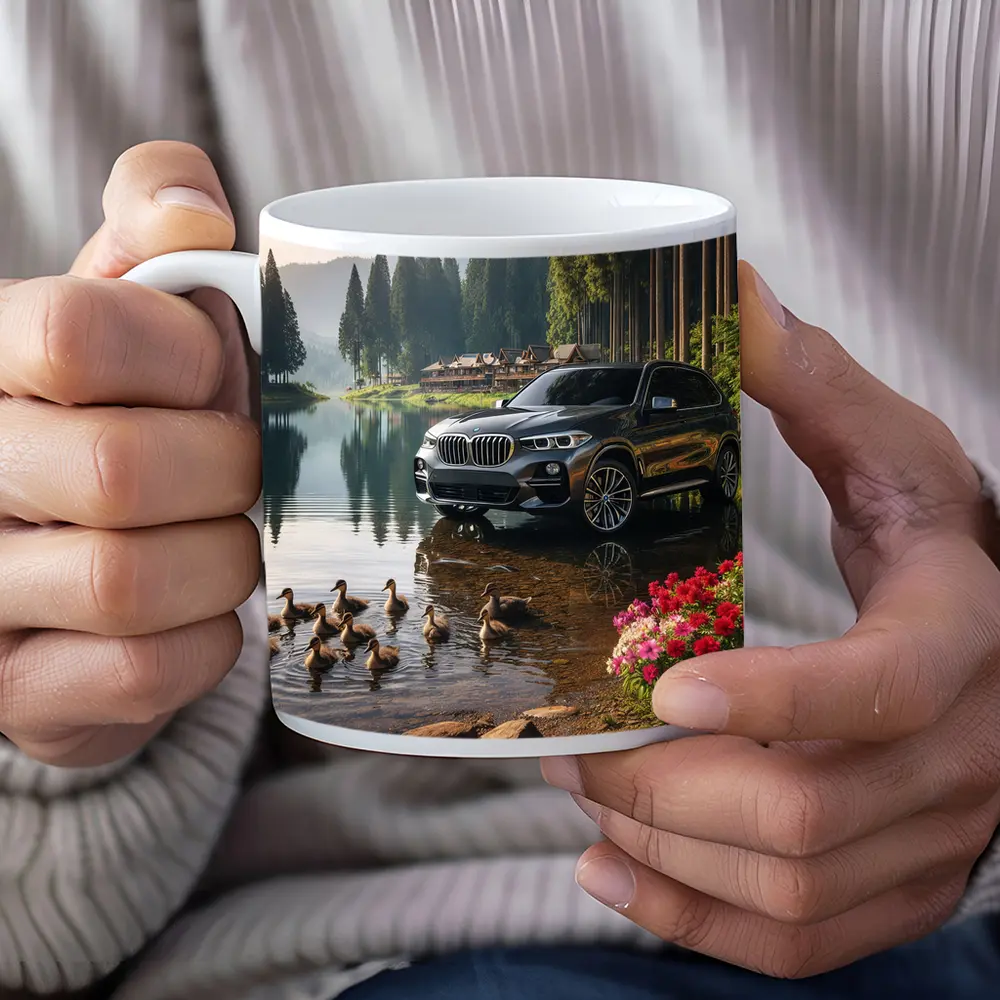 BMW X5 Parked Beside Serene Forest Lake – Mugs