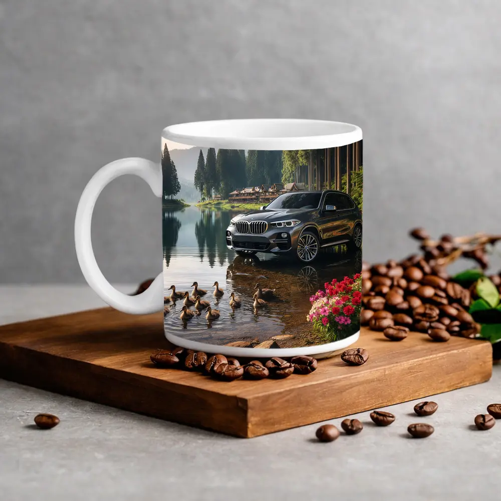 BMW X5 Parked Beside Serene Forest Lake – Mugs