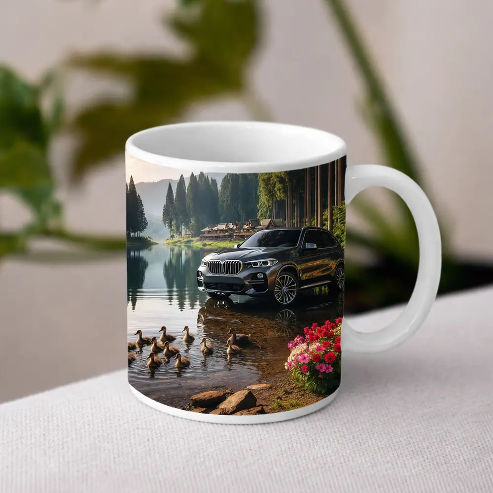 BMW X5 Parked Beside Serene Forest Lake – Mugs