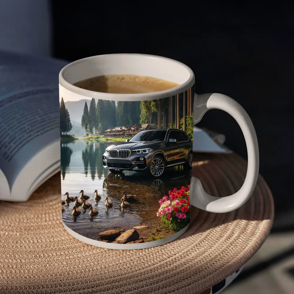 BMW X5 Parked Beside Serene Forest Lake – Mugs
