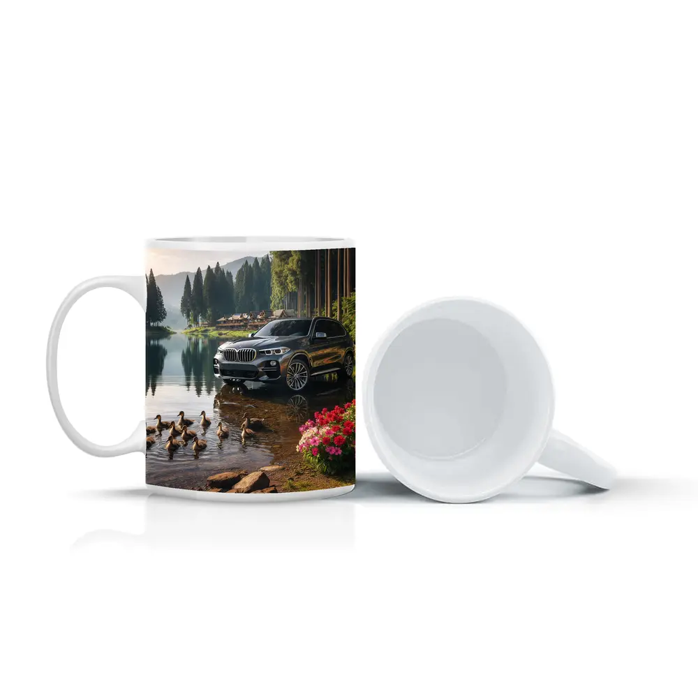 BMW X5 Parked Beside Serene Forest Lake – Mugs