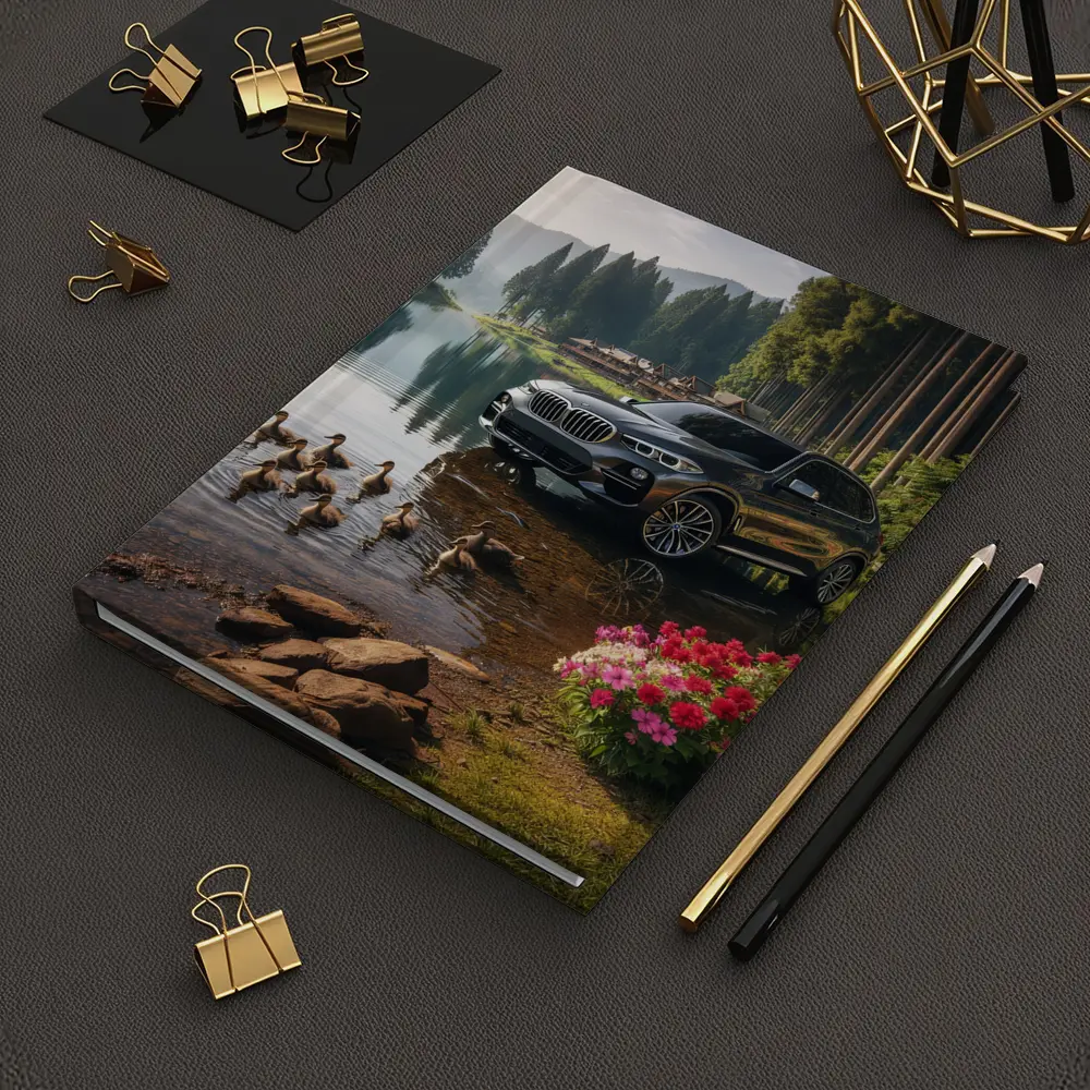 BMW X5 Parked Beside Serene Forest Lake – Notebooks