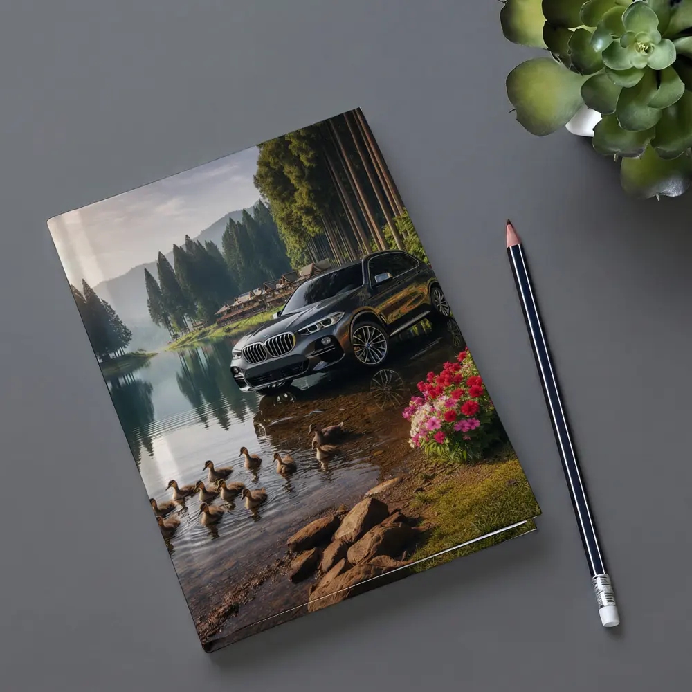 BMW X5 Parked Beside Serene Forest Lake – Notebooks
