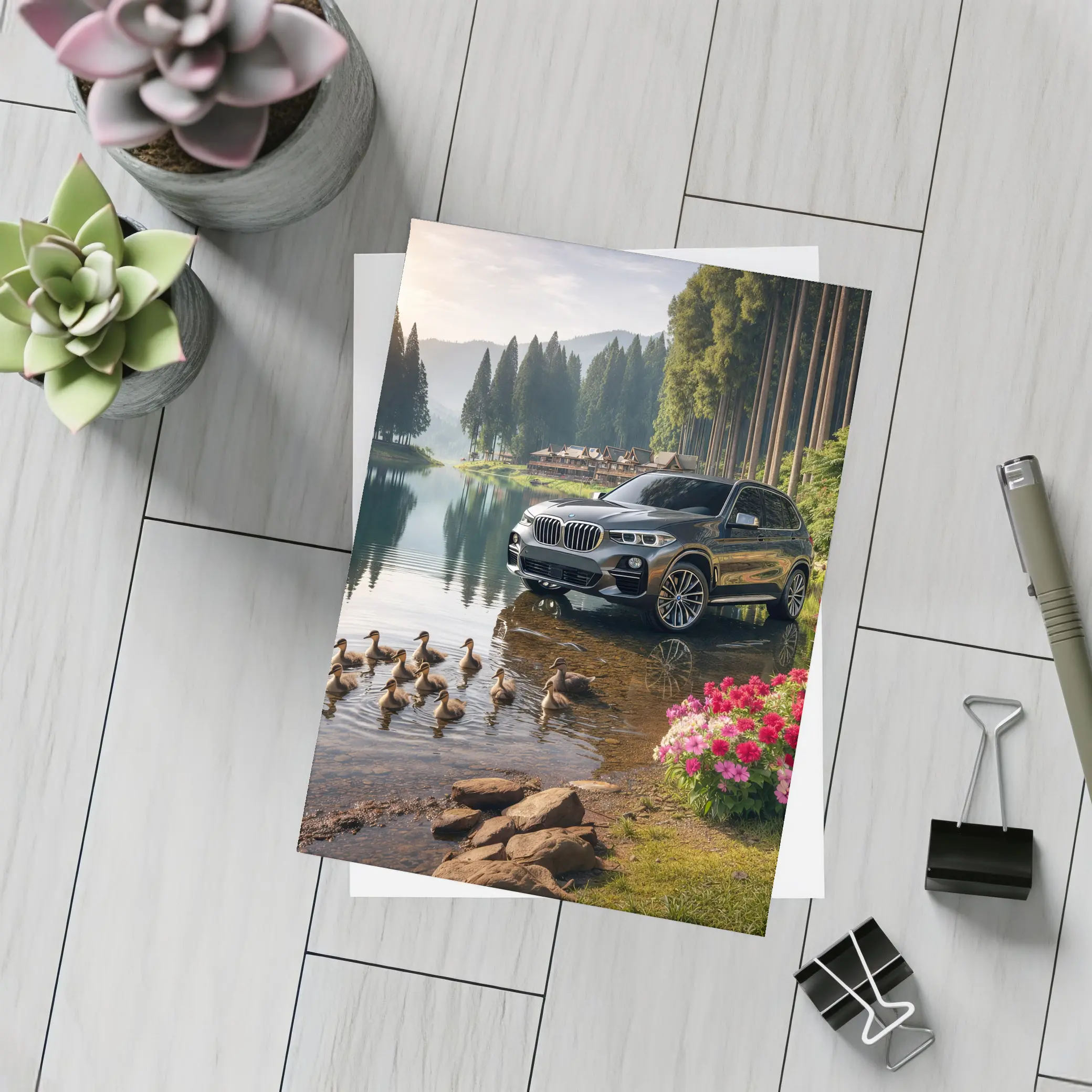 BMW X5 Parked Beside Serene Forest Lake – Postcards