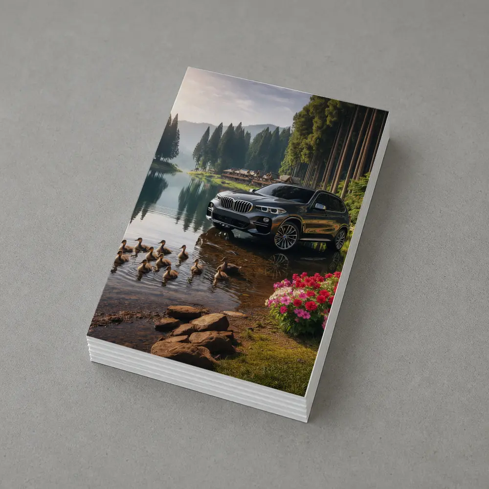 BMW X5 Parked Beside Serene Forest Lake – Postcards