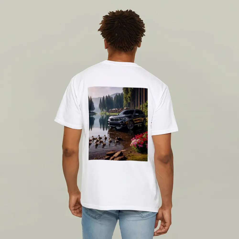 BMW X5 Parked Beside Serene Forest Lake – T-Shirts