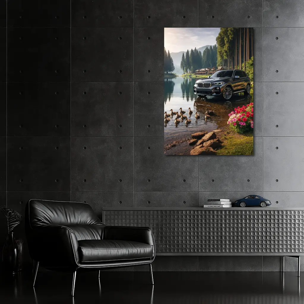 BMW X5 Parked Beside Serene Forest Lake – Wall Art