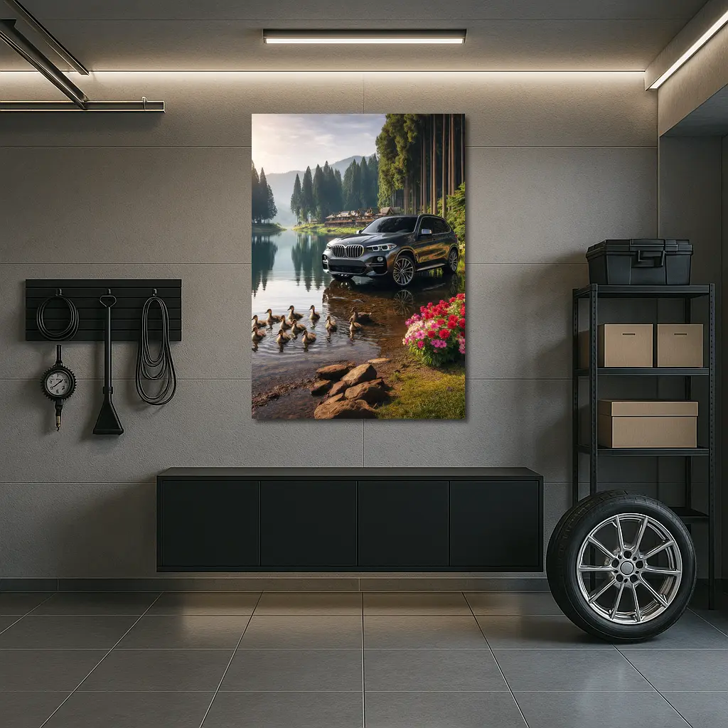 BMW X5 Parked Beside Serene Forest Lake – Wall Art