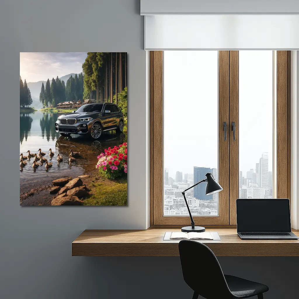 BMW X5 Parked Beside Serene Forest Lake – Wall Art