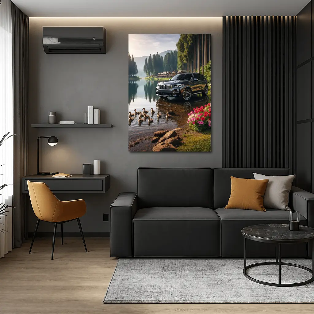 BMW X5 Parked Beside Serene Forest Lake – Wall Art
