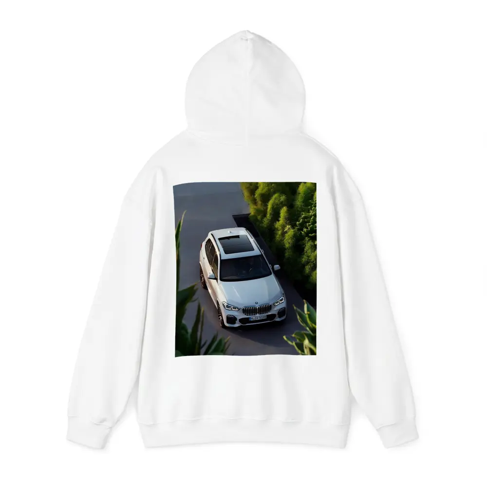 BMW X5 White SUV Green Garden Setting – Hoodies