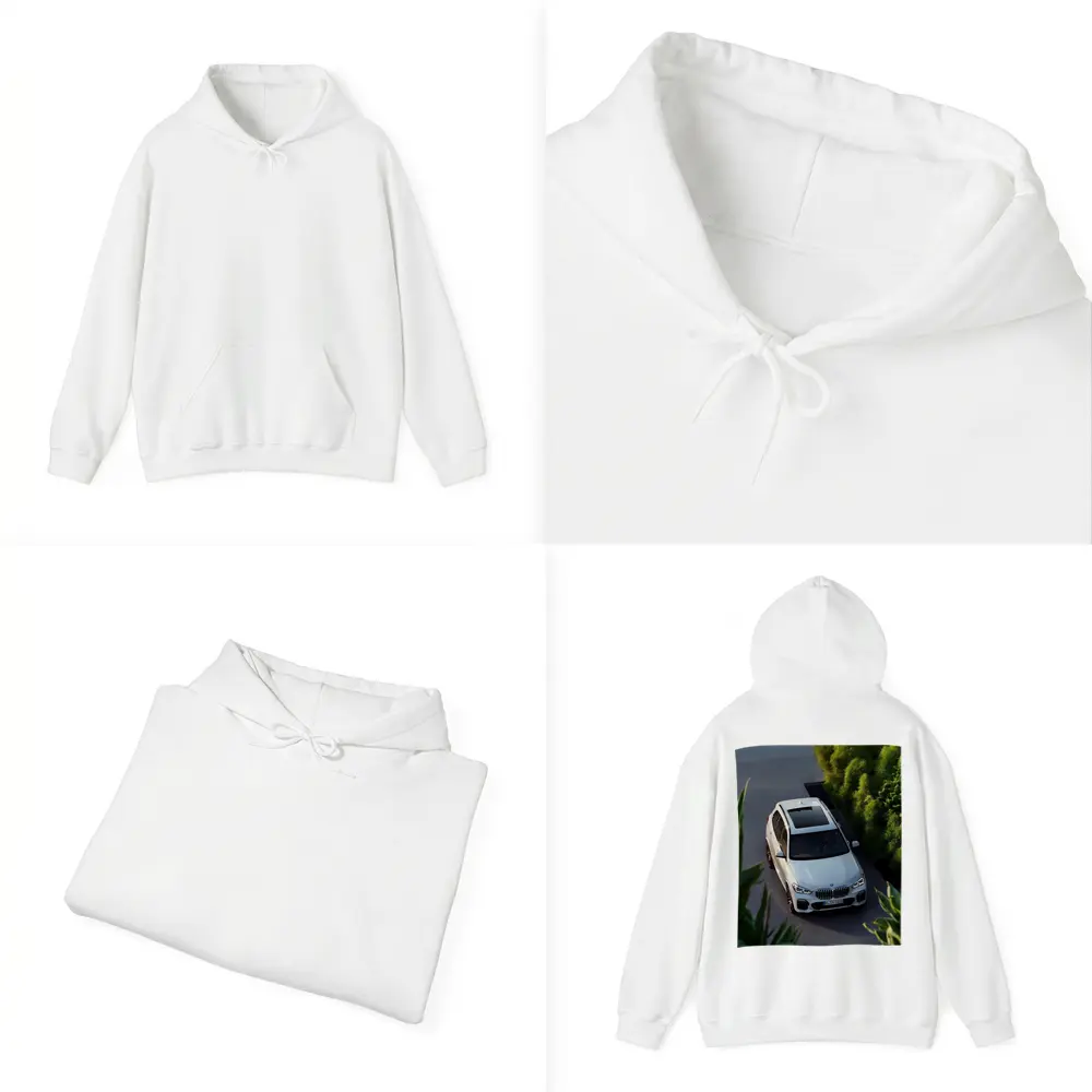 BMW X5 White SUV Green Garden Setting – Hoodies