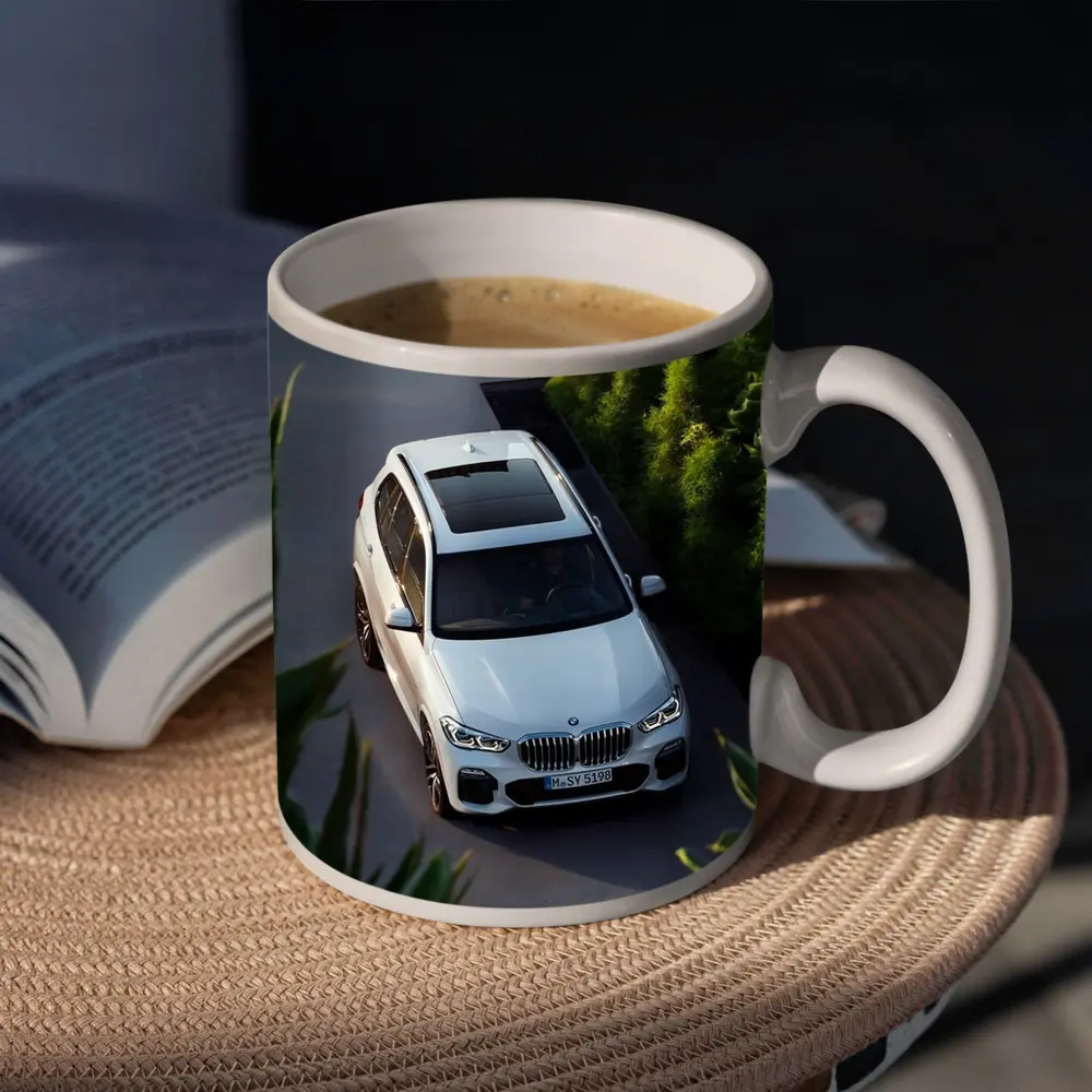 BMW X5 White SUV Green Garden Setting – Mugs