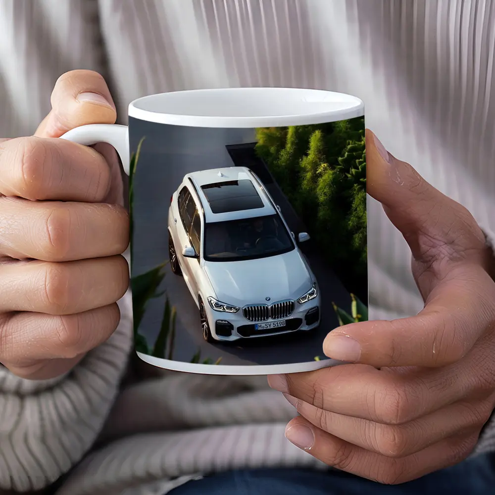 BMW X5 White SUV Green Garden Setting – Mugs