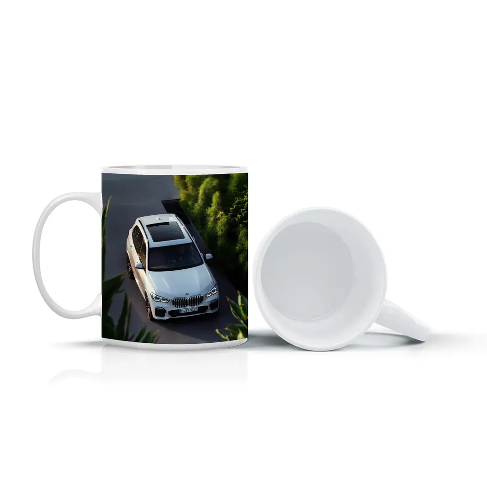 BMW X5 White SUV Green Garden Setting – Mugs