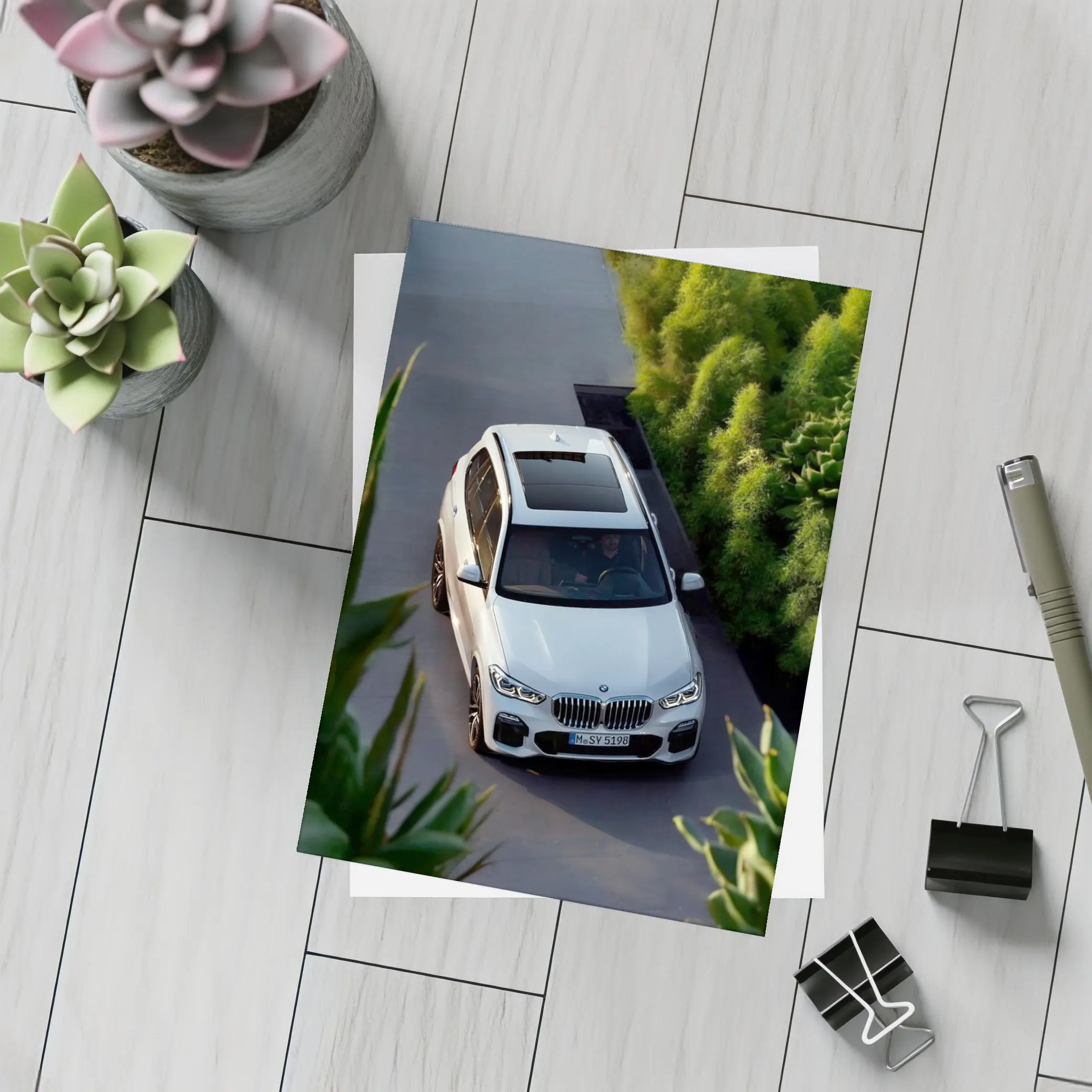 BMW X5 White SUV Green Garden Setting – Postcards
