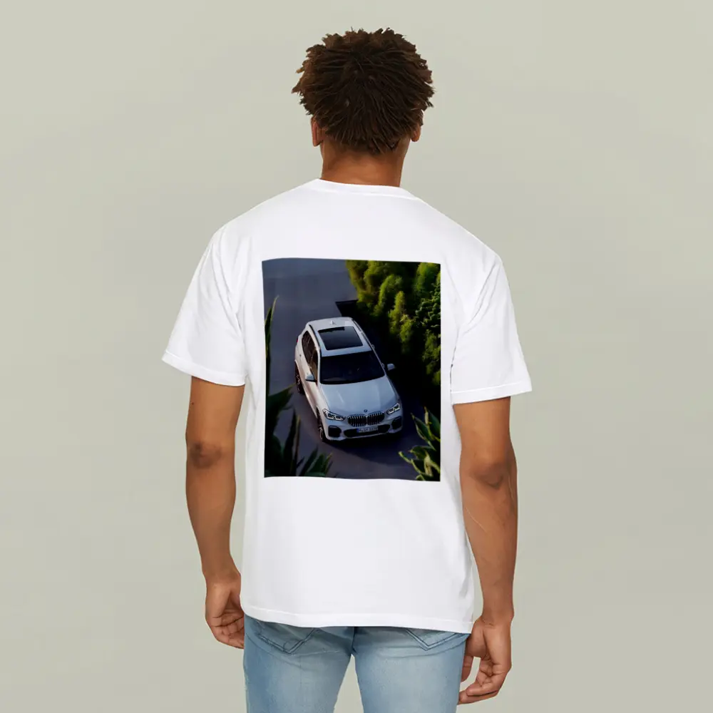 BMW X5 White SUV Green Garden Setting – T-Shirts