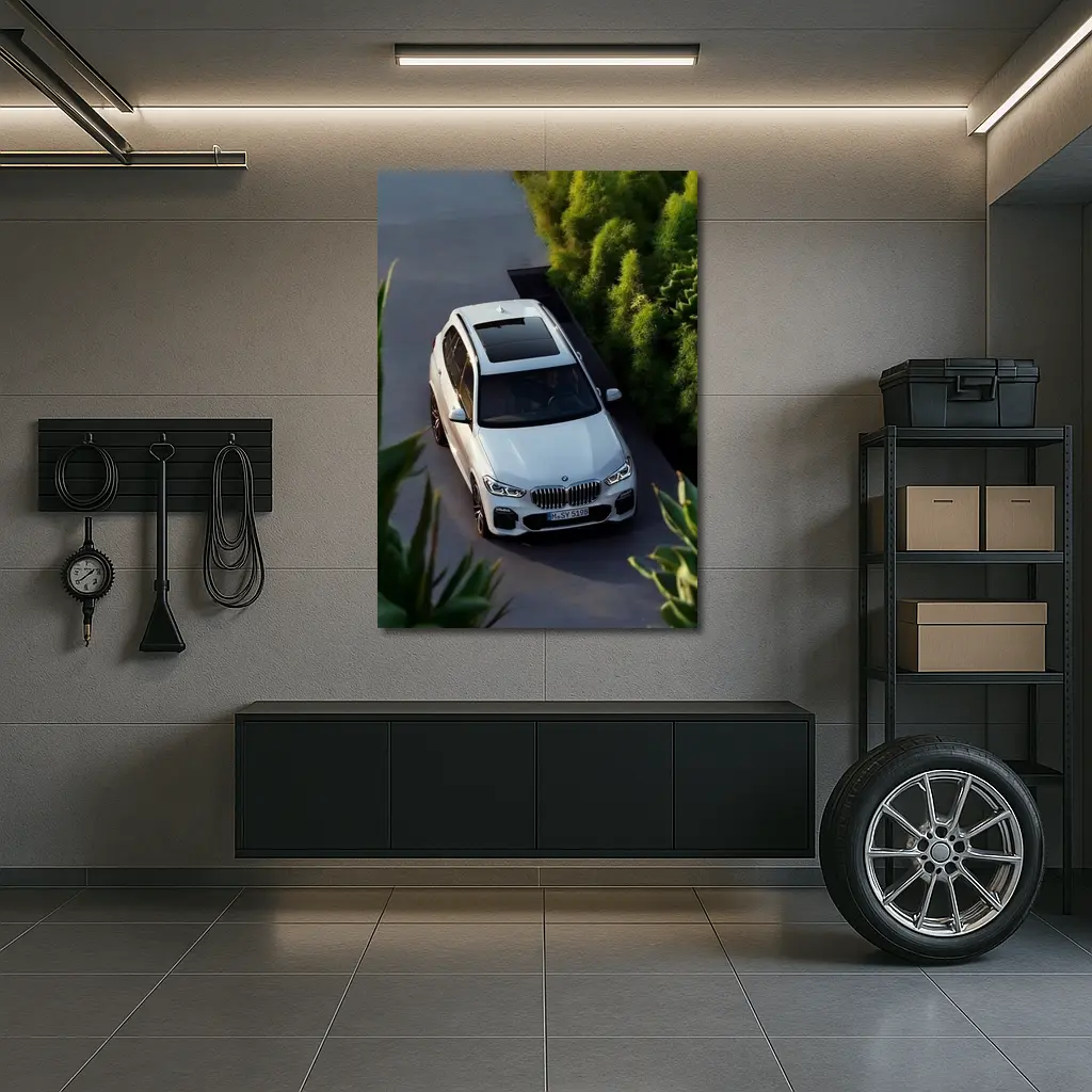 BMW X5 White SUV Green Garden Setting – Wall Art