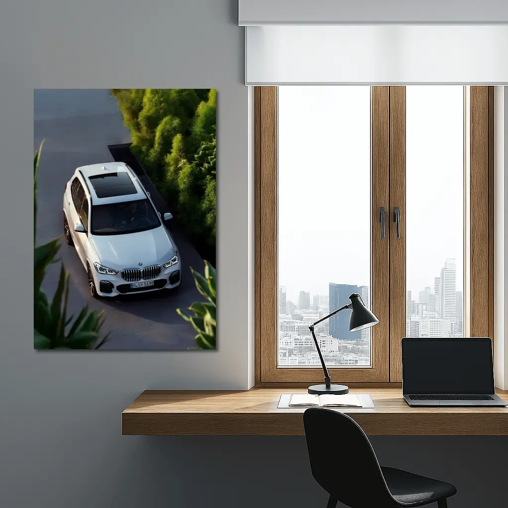 BMW X5 White SUV Green Garden Setting – Wall Art