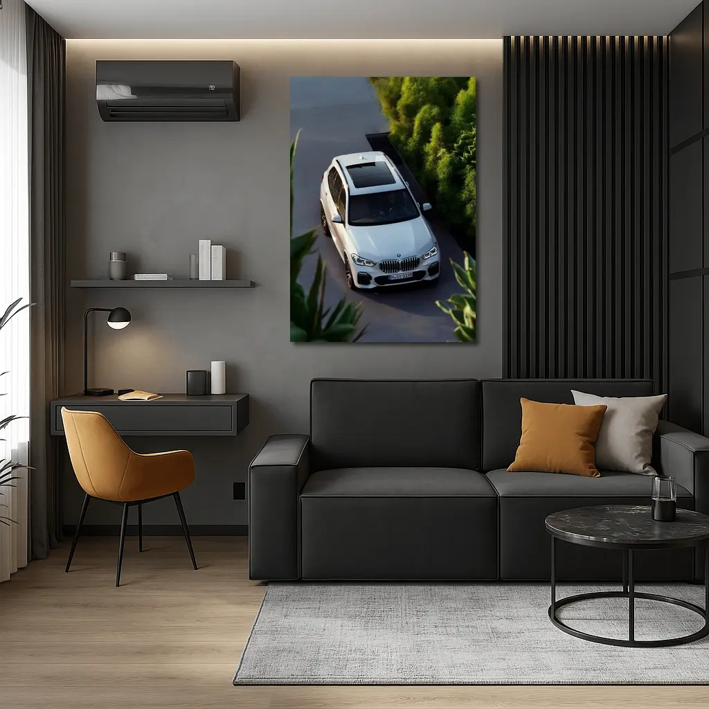 BMW X5 White SUV Green Garden Setting – Wall Art