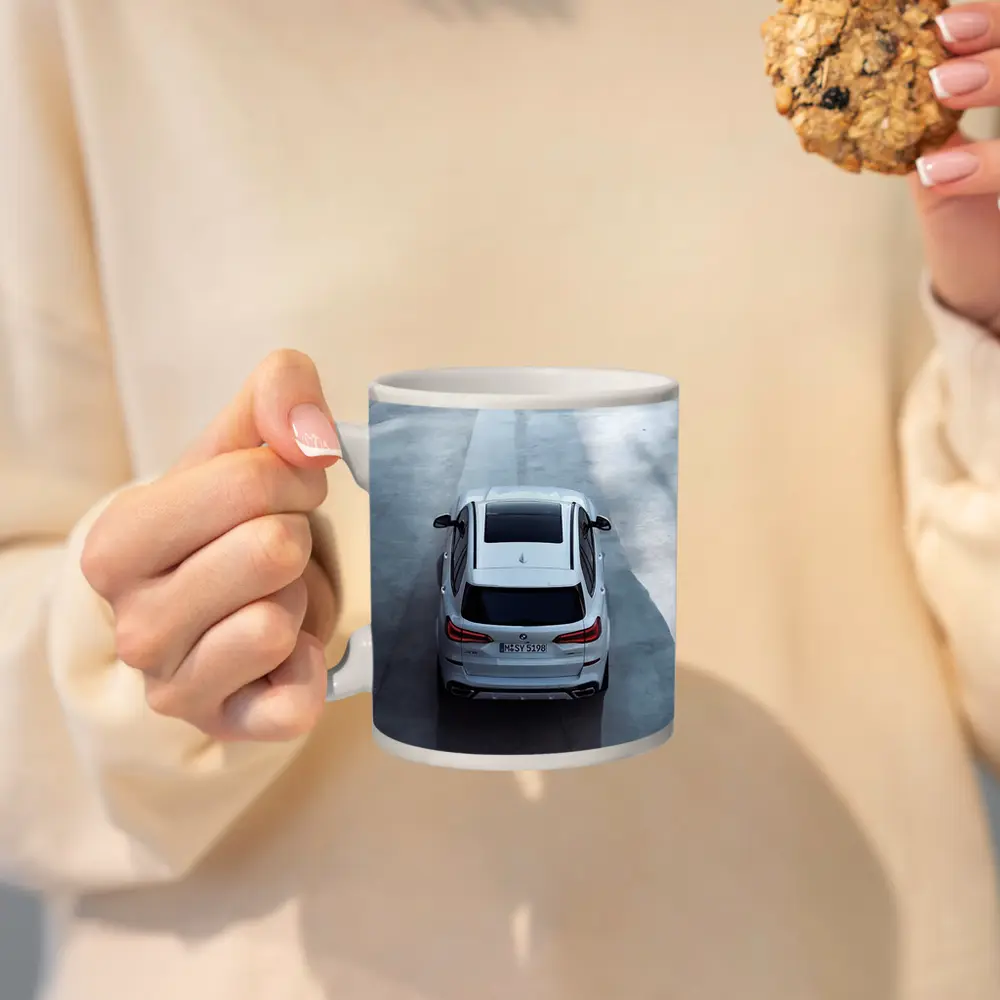 BMW X5 White SUV Aerial Road View – Mugs