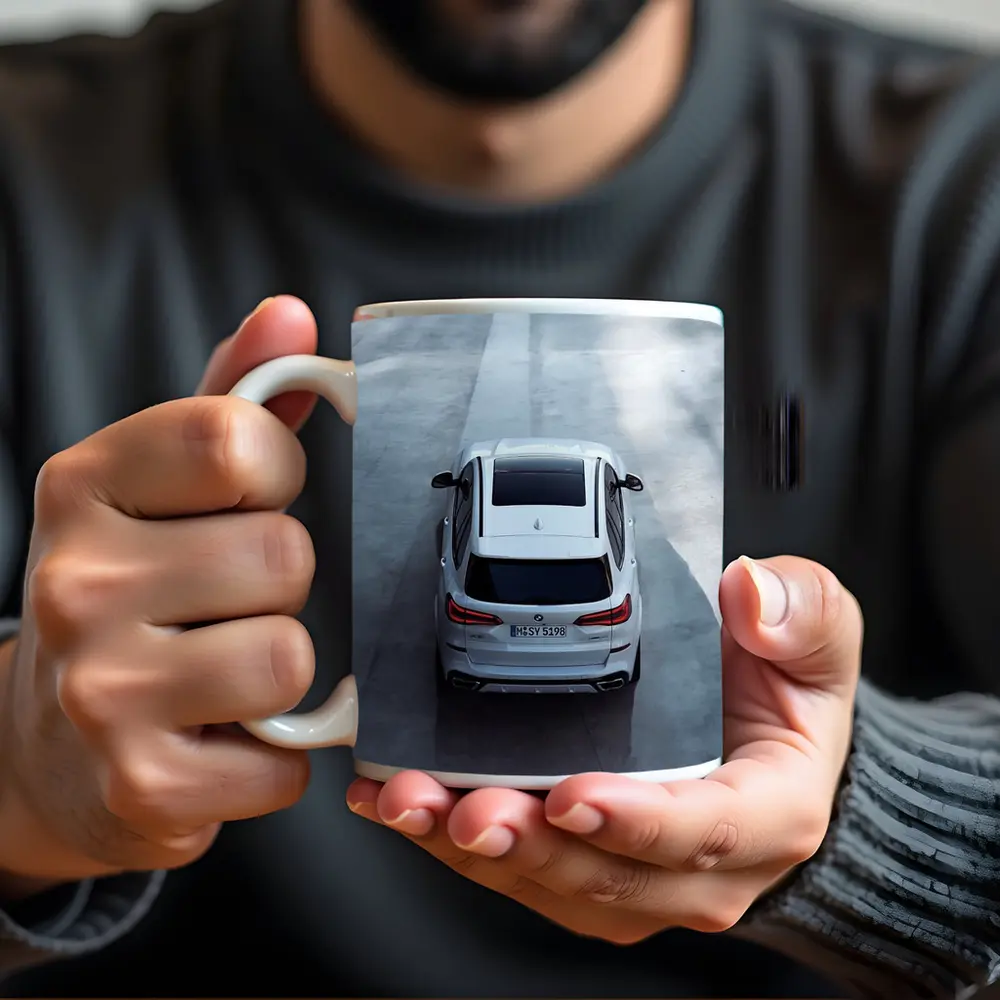BMW X5 White SUV Aerial Road View – Mugs