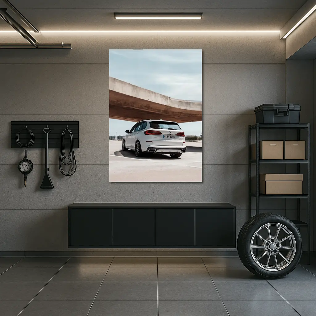 BMW X5 White SUV Urban Parking Scene – Wall Art