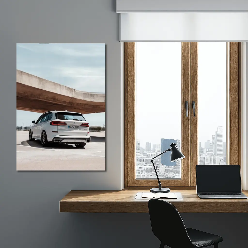 BMW X5 White SUV Urban Parking Scene – Wall Art
