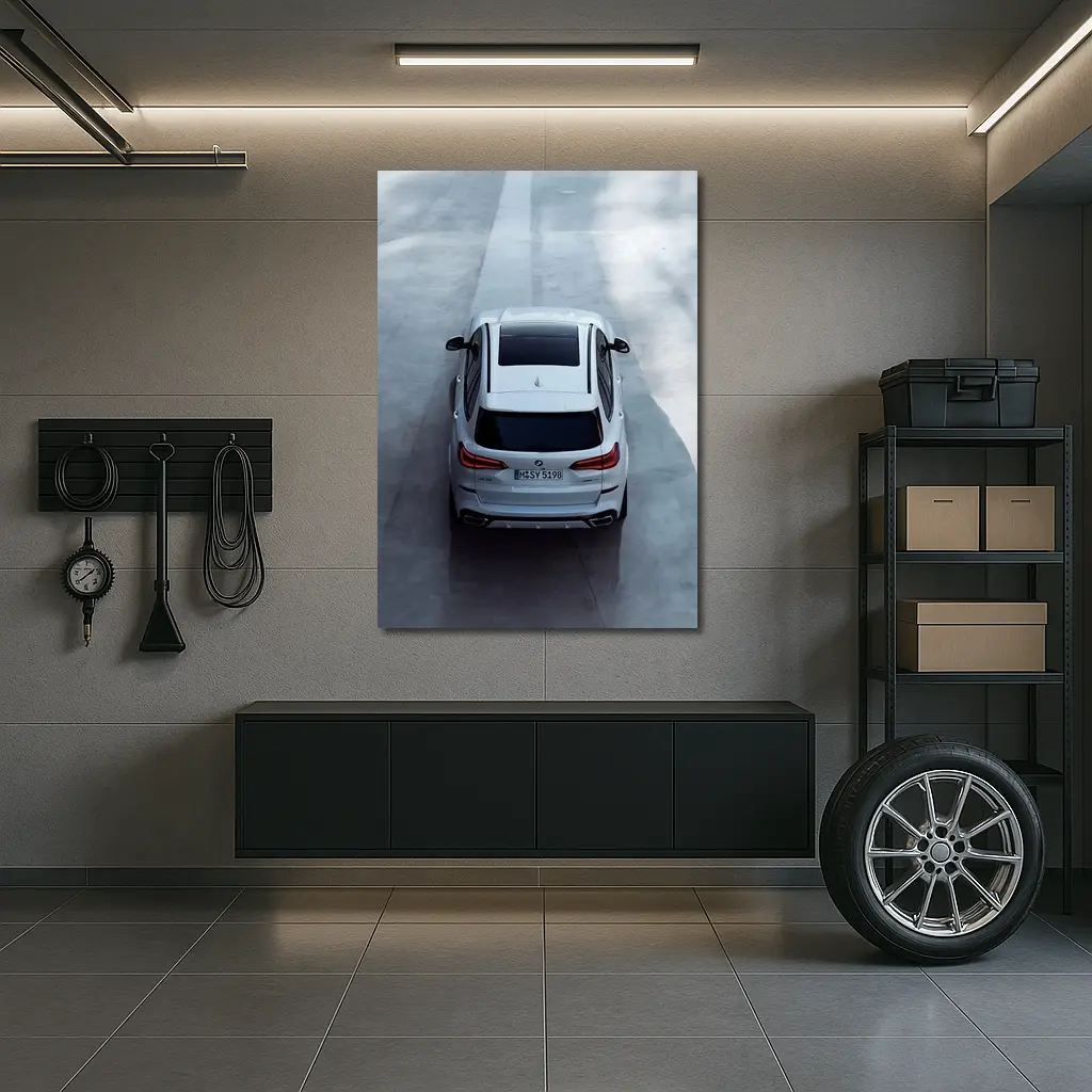 BMW X5 White SUV on Gray Road – Wall Art