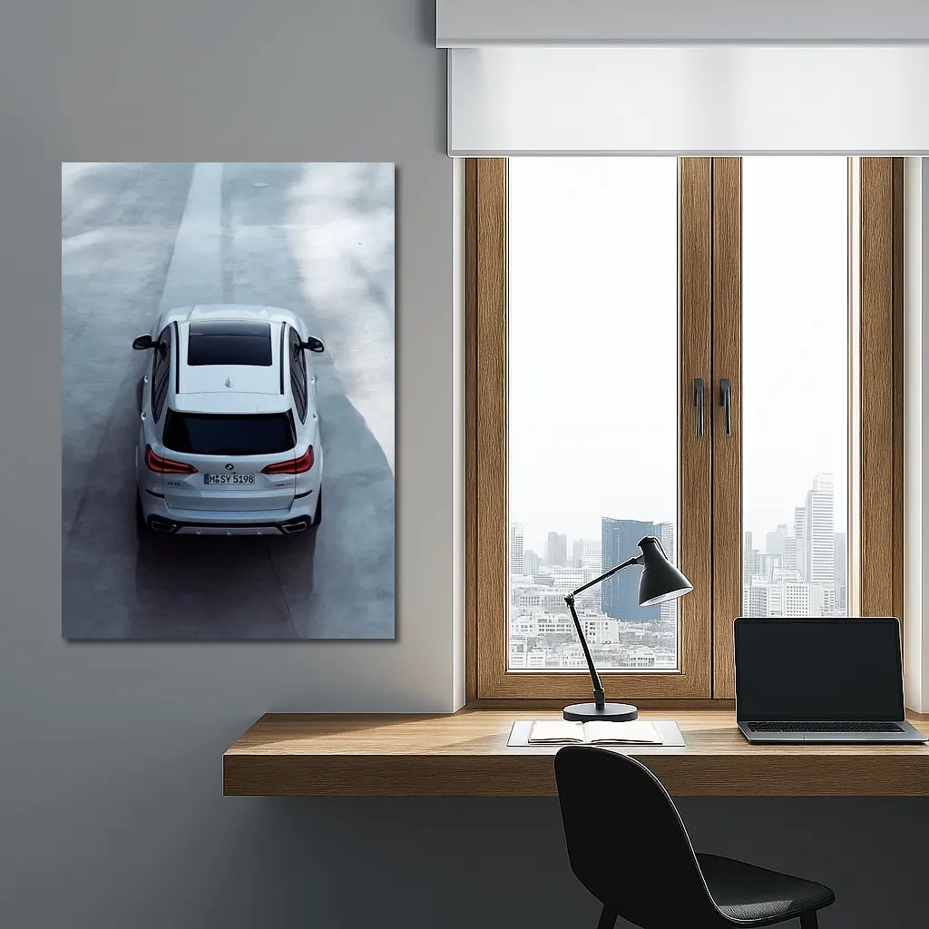 BMW X5 White SUV on Gray Road – Wall Art
