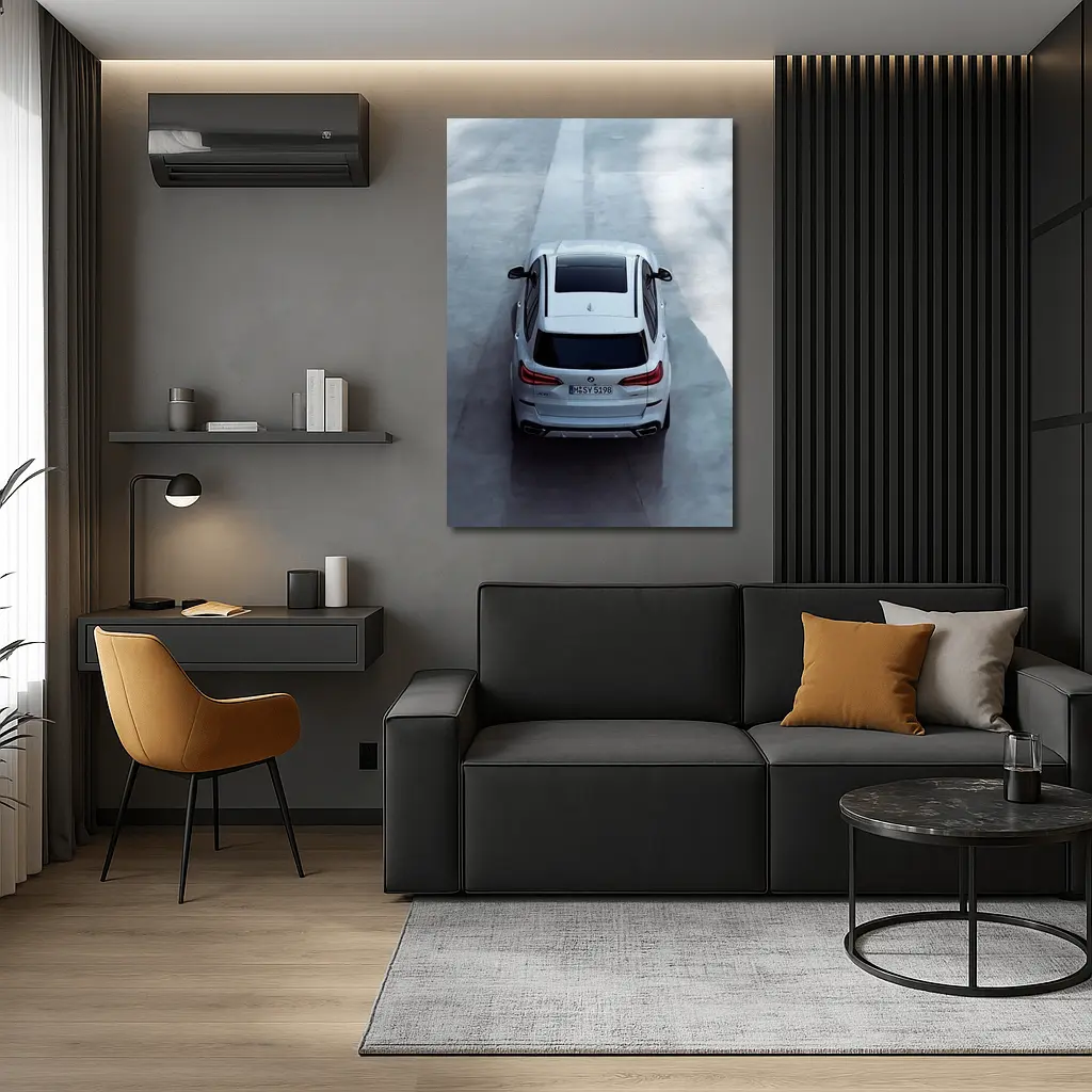 BMW X5 White SUV on Gray Road – Wall Art