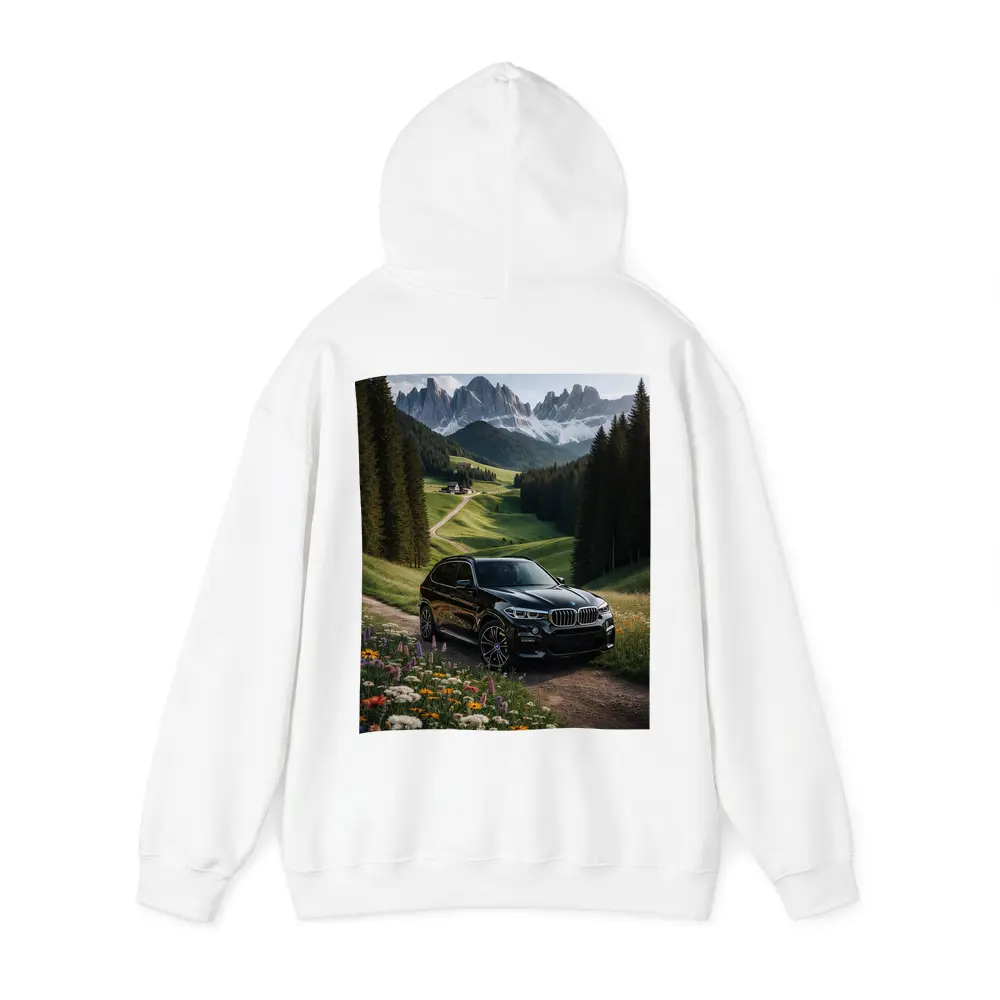BMW X5 Black SUV Mountain Valley Scene – Hoodies