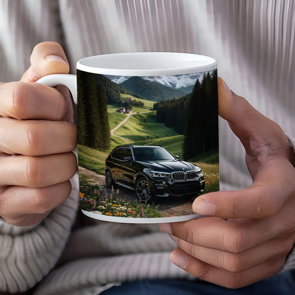 BMW X5 Black SUV Mountain Valley Scene – Mugs