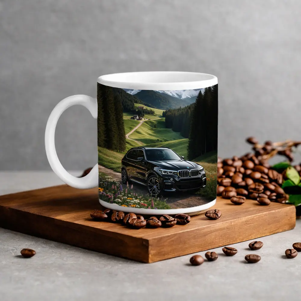 BMW X5 Black SUV Mountain Valley Scene – Mugs
