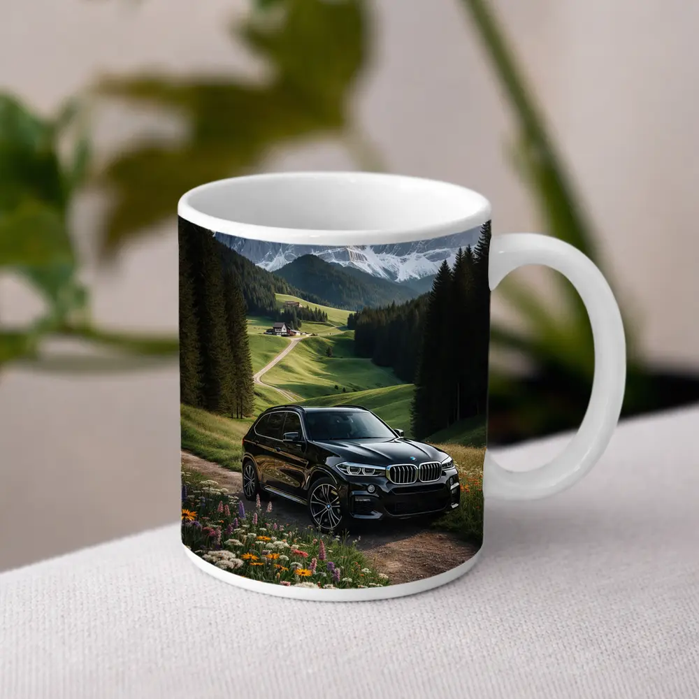 BMW X5 Black SUV Mountain Valley Scene – Mugs