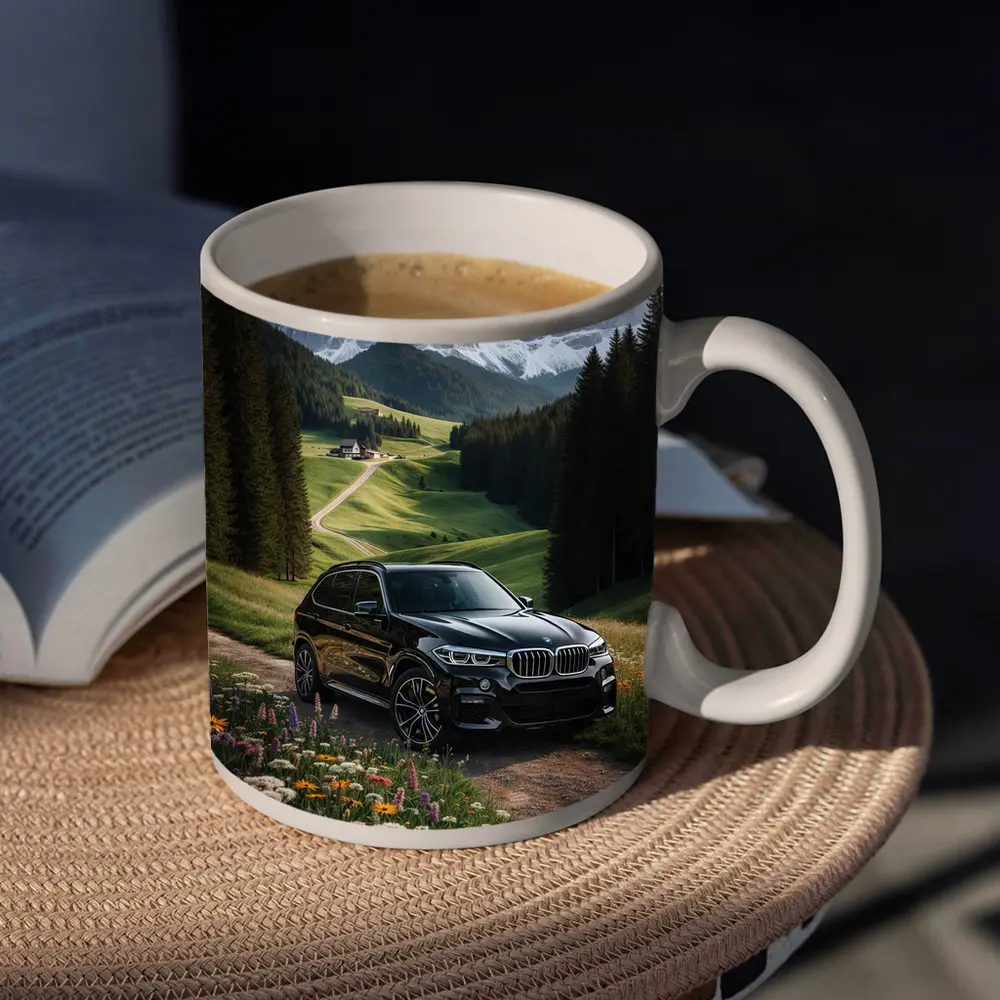 BMW X5 Black SUV Mountain Valley Scene – Mugs