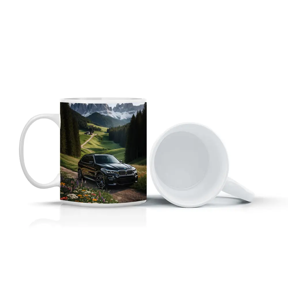 BMW X5 Black SUV Mountain Valley Scene – Mugs